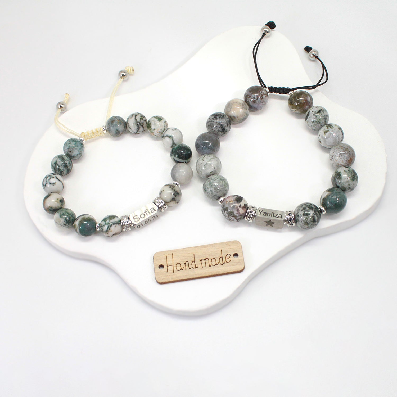 Personalized Name Engraved Natural Stone Bracelet with Zircon | Adjustable Beaded Couple Jewelry Gift for Him & Her