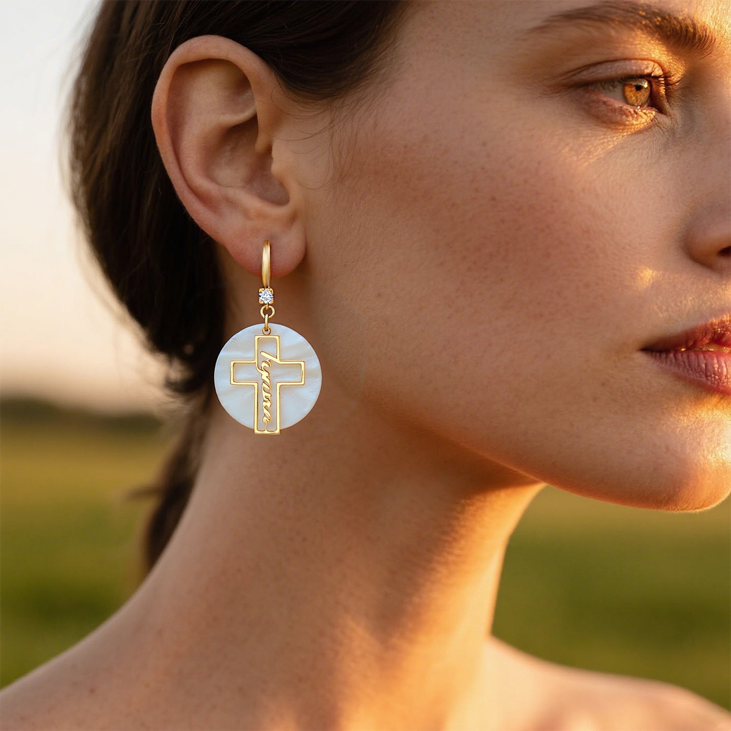 Custom Name Hollow Cross Earrings – Personalized Natural Shell Drop Earrings with Engraved Name | Faith Jewelry Gift for Women