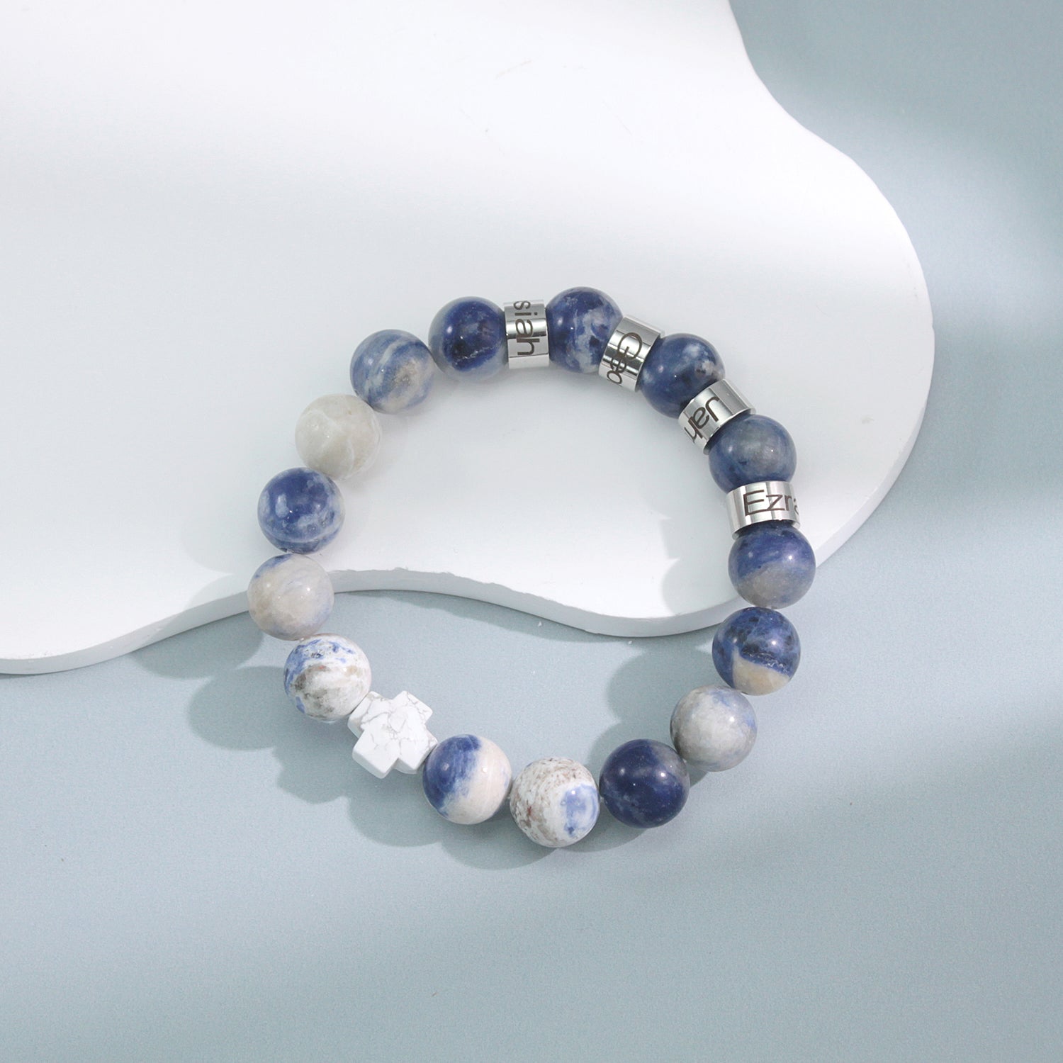 Personalized Natural Mineral Cross Bracelet – Engraved Names Keepsake