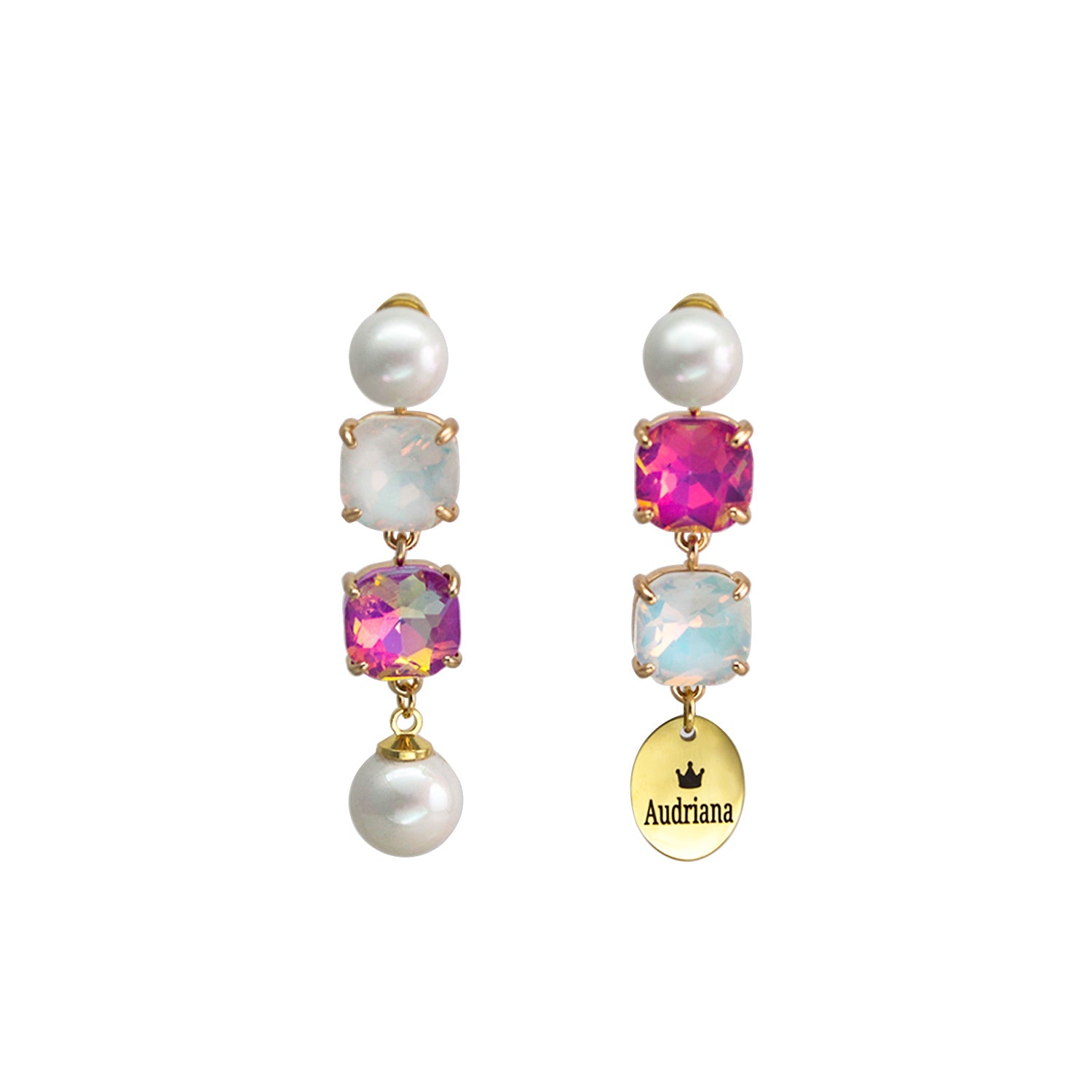 Custom Name Pearl Drop Earrings with Colored Diamond – Personalized Titanium Steel Disc Earrings for Women