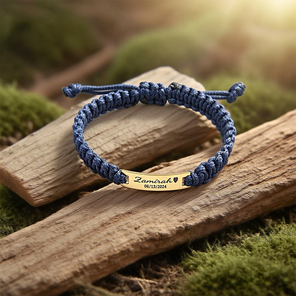 Personalized Men’s Leather Braided Bracelet – Engraved Stainless Steel Plate