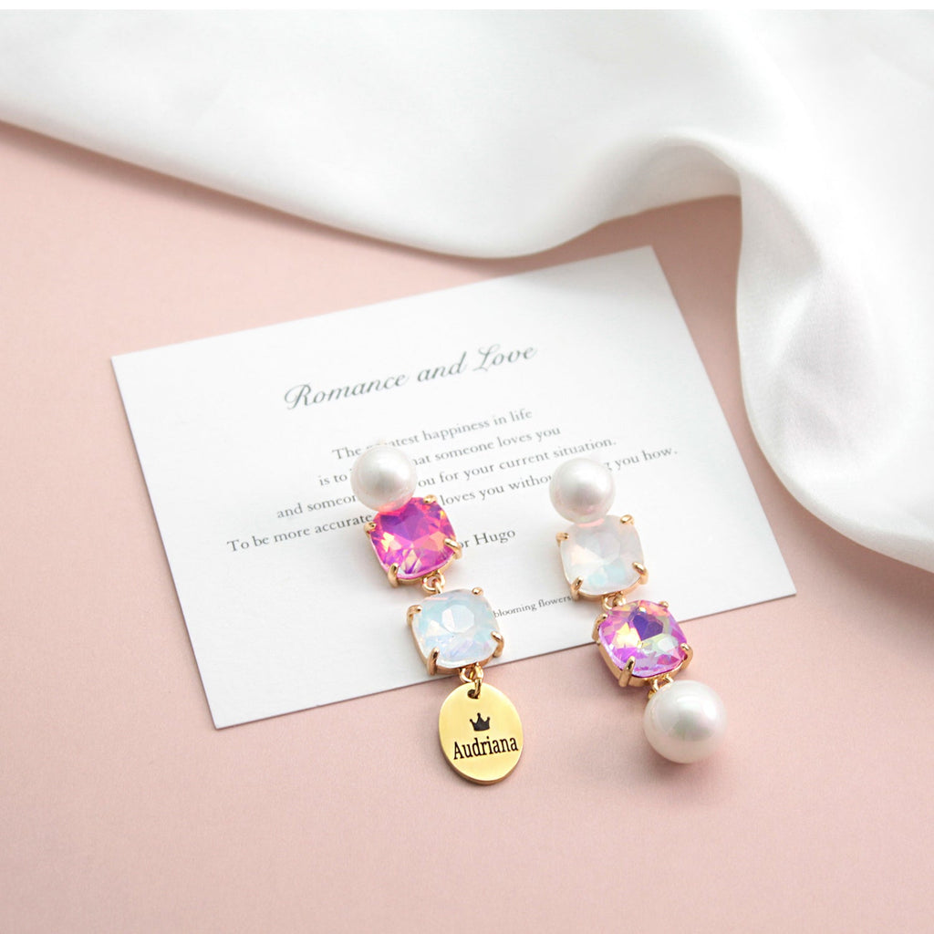 Custom Name Pearl Drop Earrings with Colored Diamond – Personalized Titanium Steel Disc Earrings for Women