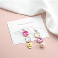 Custom Name Pearl Drop Earrings with Colored Diamond – Personalized Titanium Steel Disc Earrings for Women
