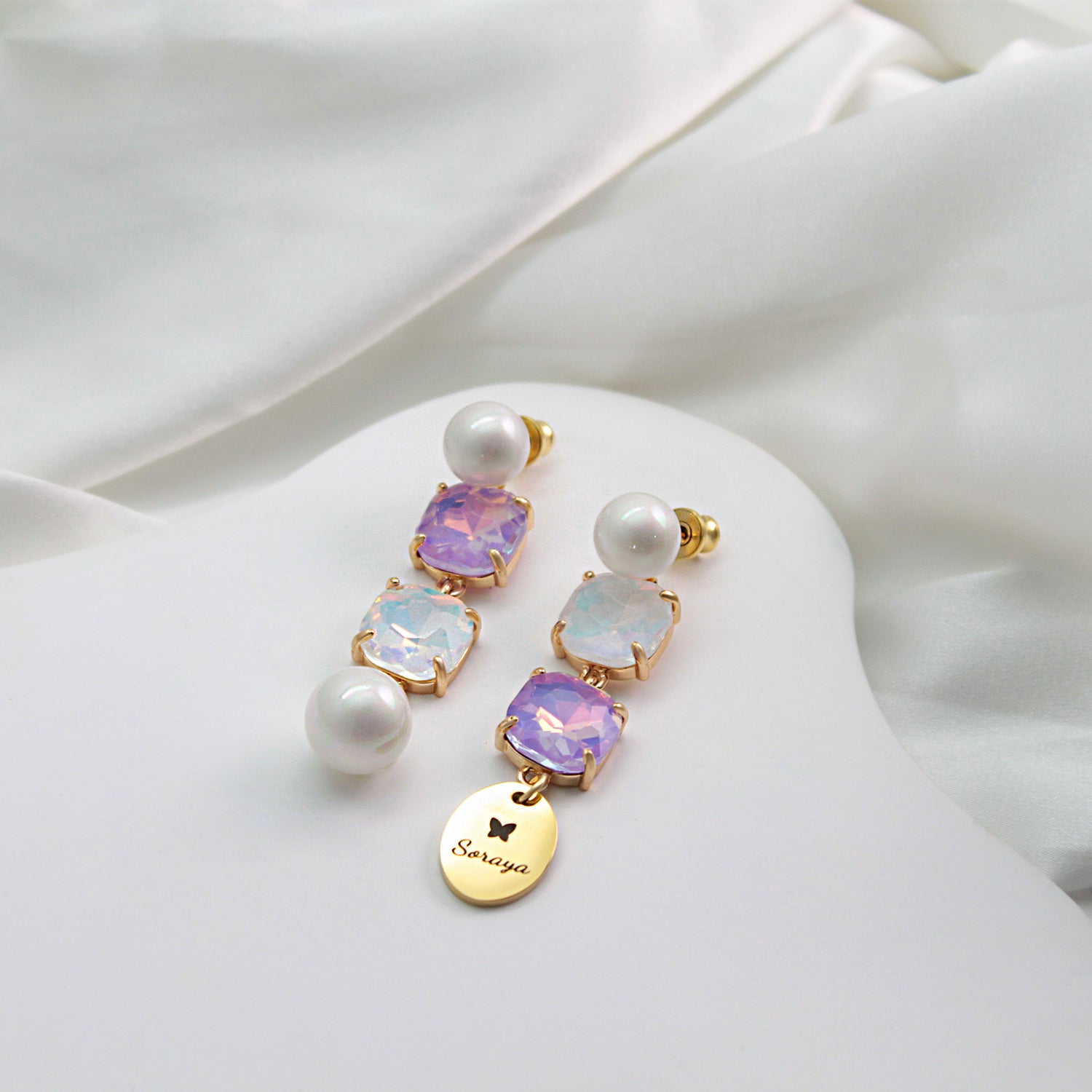 Custom Name Pearl Drop Earrings with Colored Diamond – Personalized Titanium Steel Disc Earrings for Women