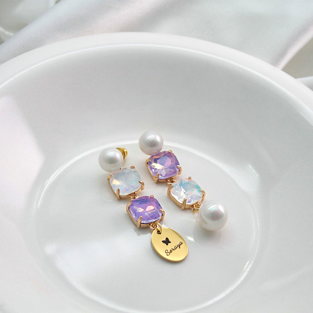 Custom Name Pearl Drop Earrings with Colored Diamond – Personalized Titanium Steel Disc Earrings for Women