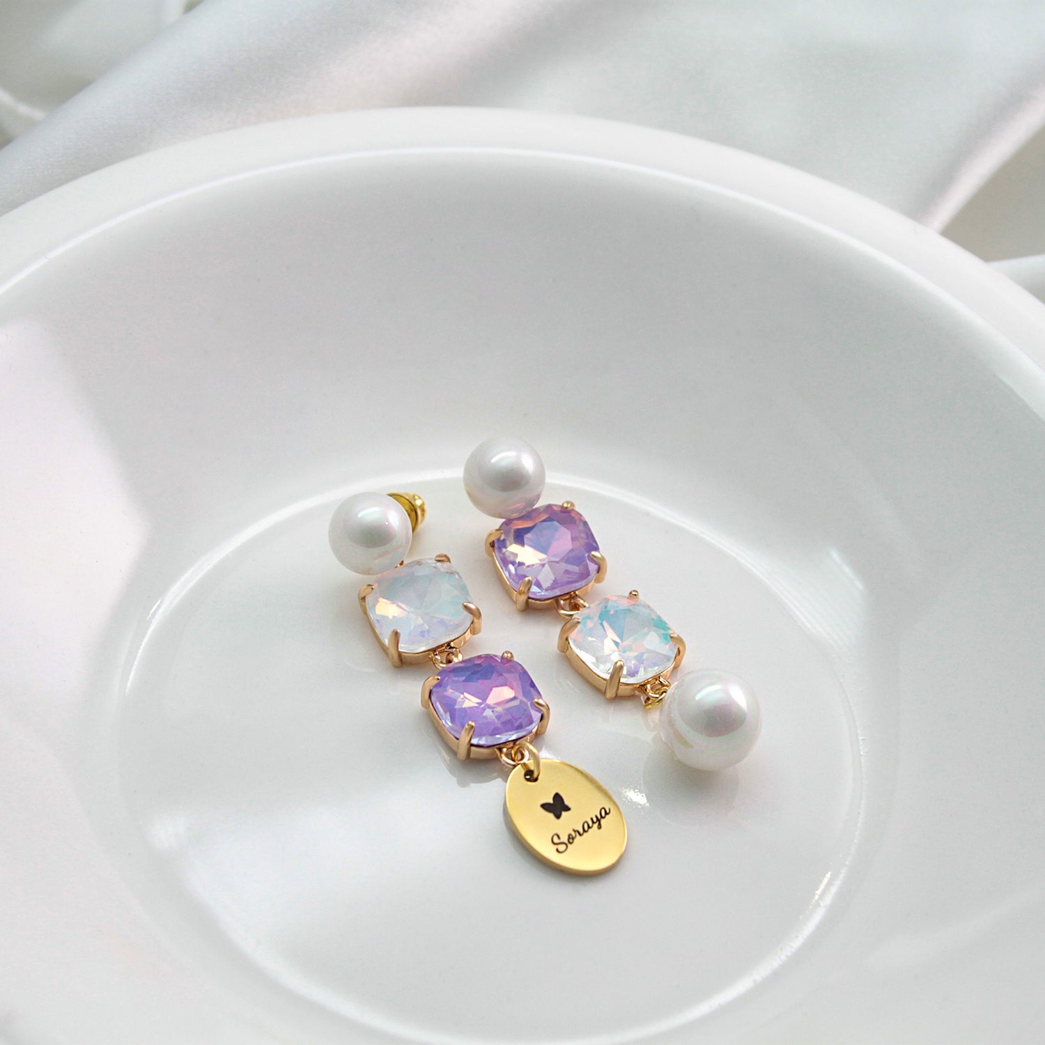 Custom Name Pearl Drop Earrings with Colored Diamond – Personalized Titanium Steel Disc Earrings for Women
