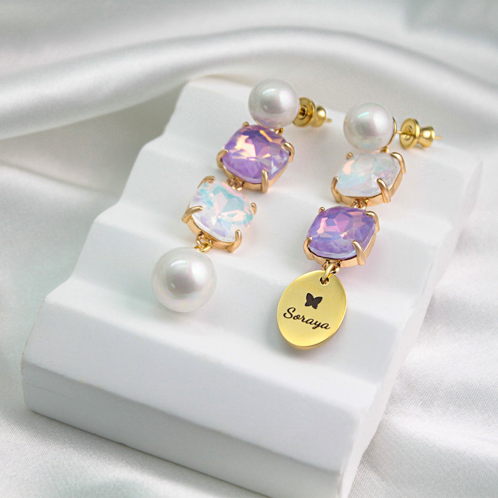 Custom Name Pearl Drop Earrings with Colored Diamond – Personalized Titanium Steel Disc Earrings for Women