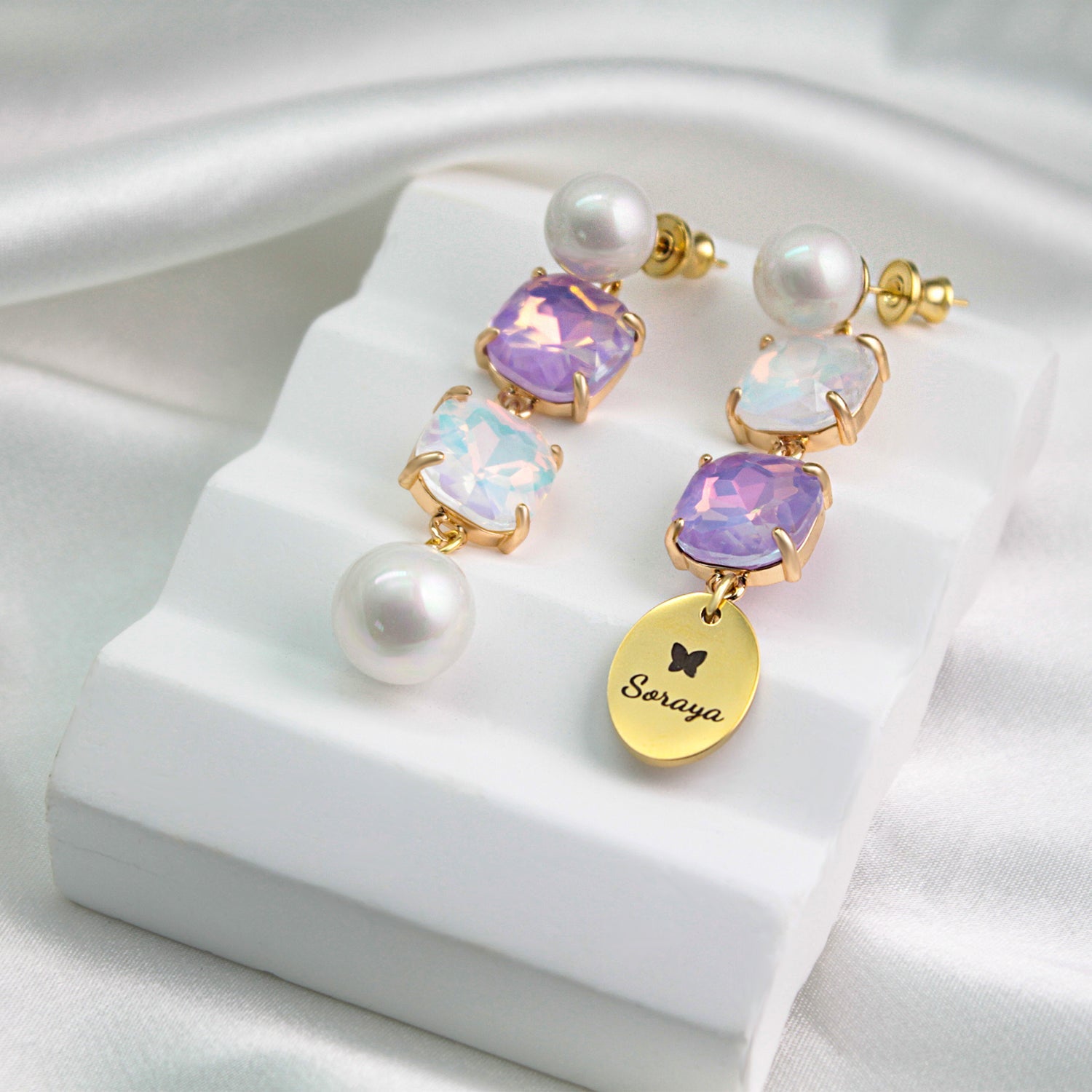 Custom Name Pearl Drop Earrings with Colored Diamond – Personalized Titanium Steel Disc Earrings for Women