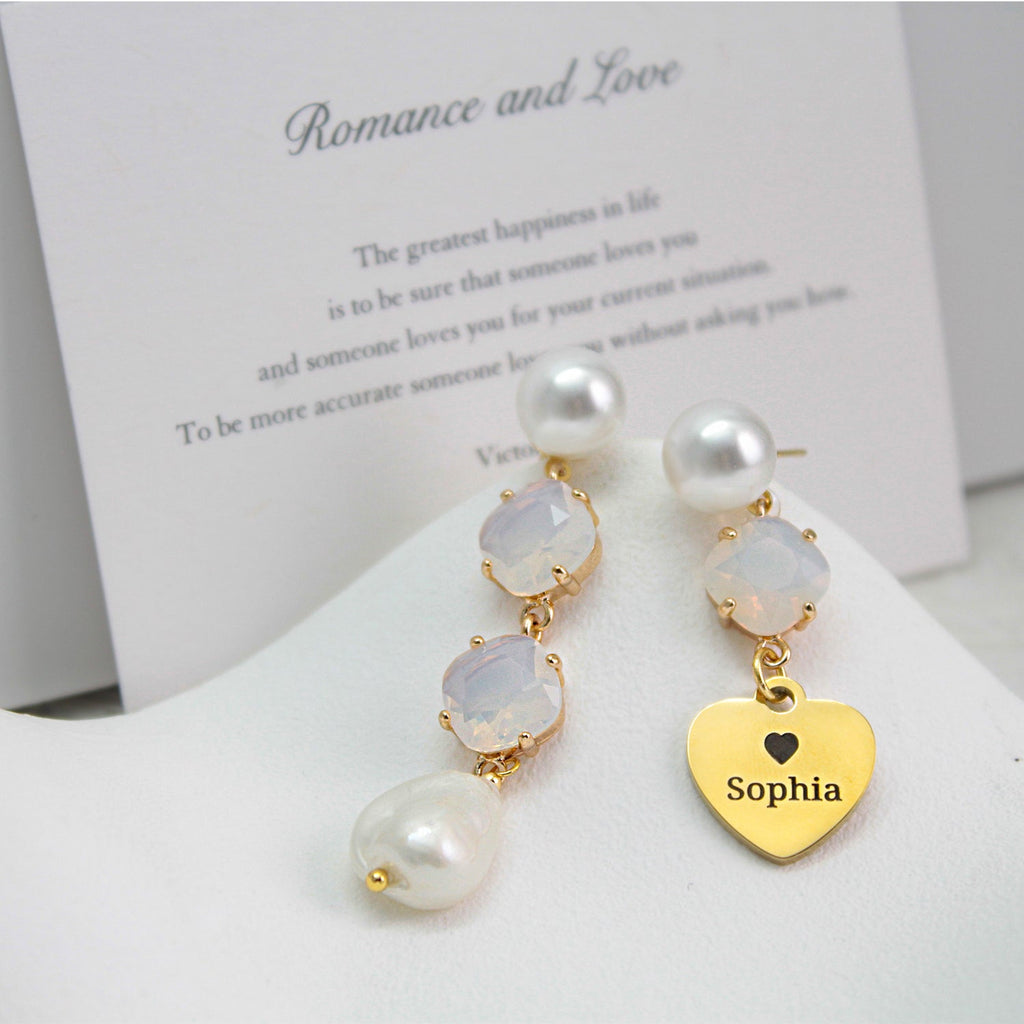 Personalized Baroque Pearl Drop Earrings – Custom Name Titanium Steel Disc Earrings for Women | Long Lightweight Statement Jewelry