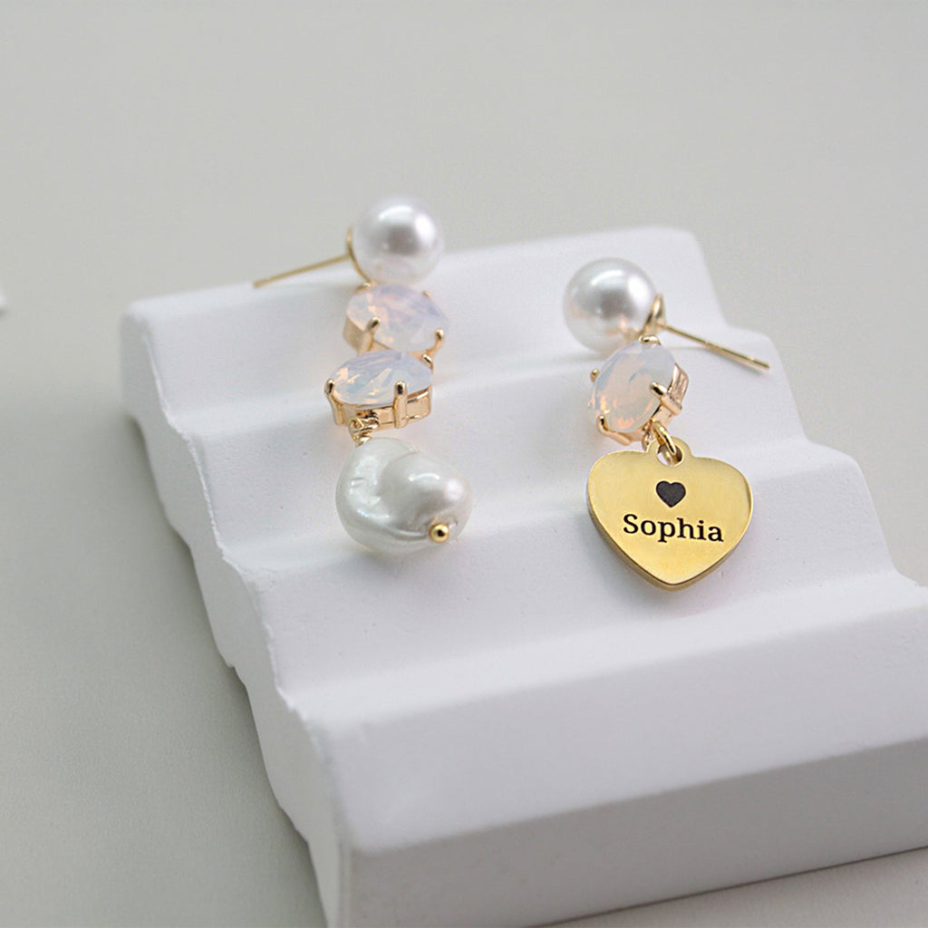 Personalized Baroque Pearl Drop Earrings – Custom Name Titanium Steel Disc Earrings for Women | Long Lightweight Statement Jewelry