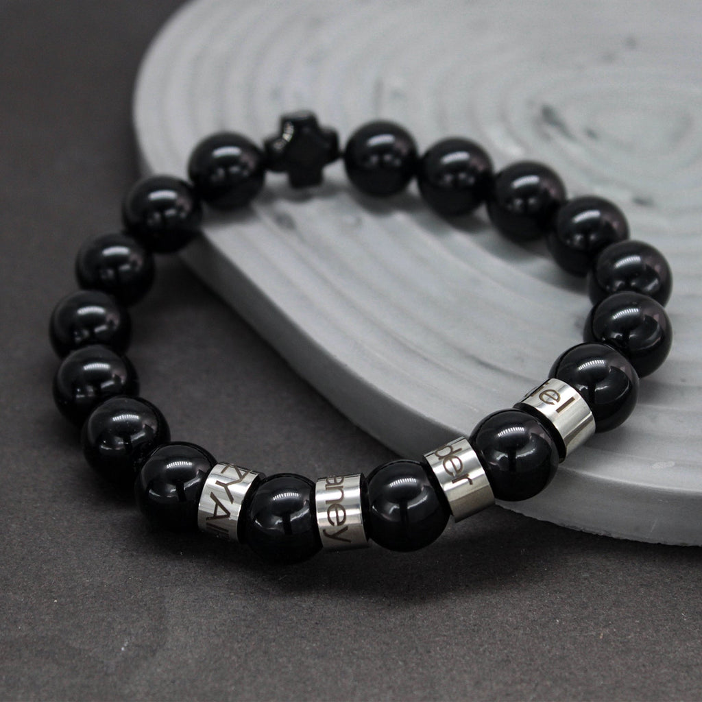 Personalized Natural Mineral Cross Bracelet – Engraved Names Keepsake