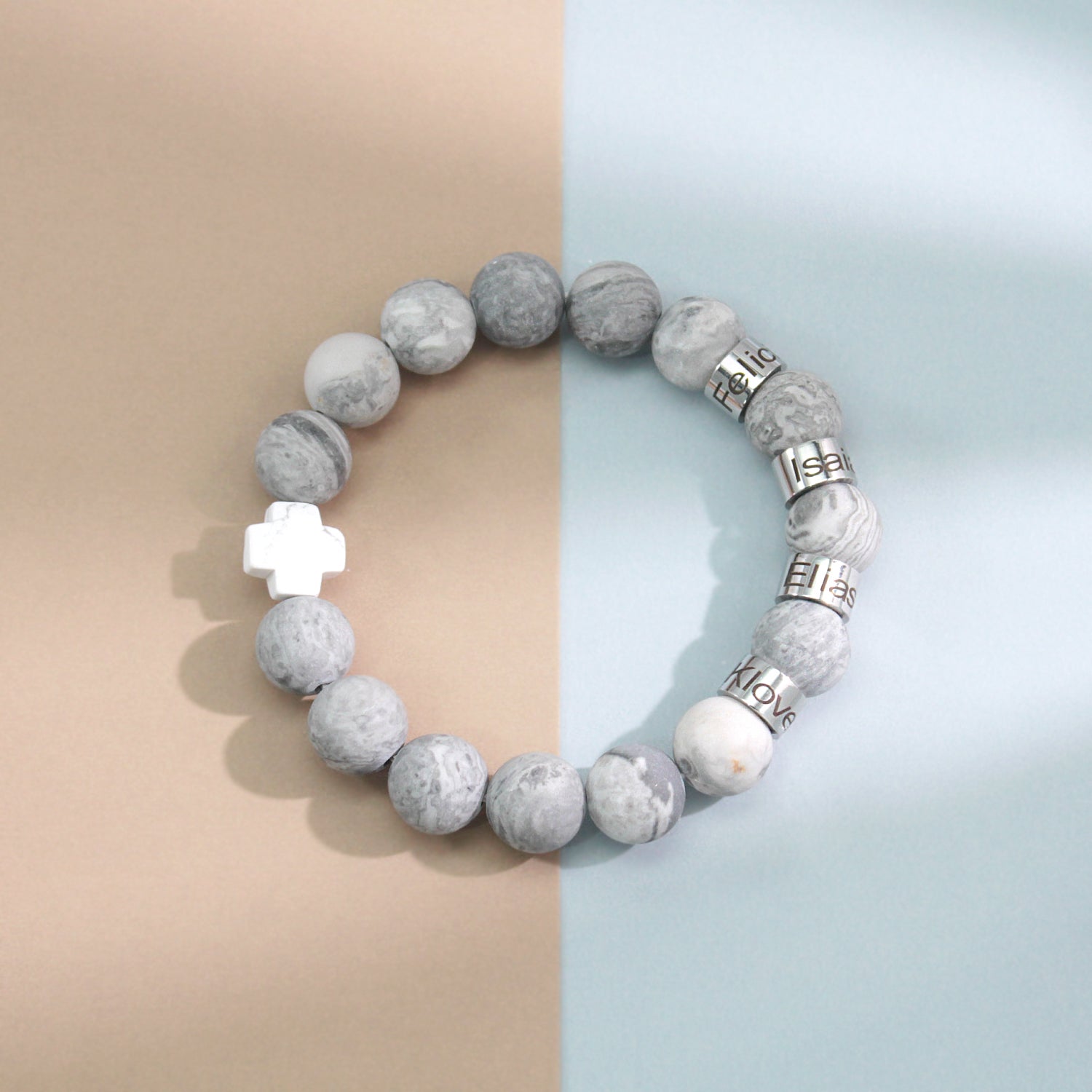 Personalized Natural Mineral Cross Bracelet – Engraved Names Keepsake