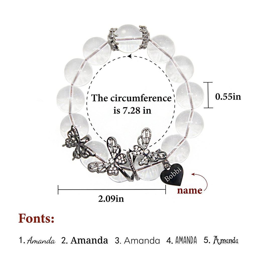 Halloween Gothic Butterfly Custom Name Bracelet – White Crystal Beads & Engraved Gunmetal Butterflies
