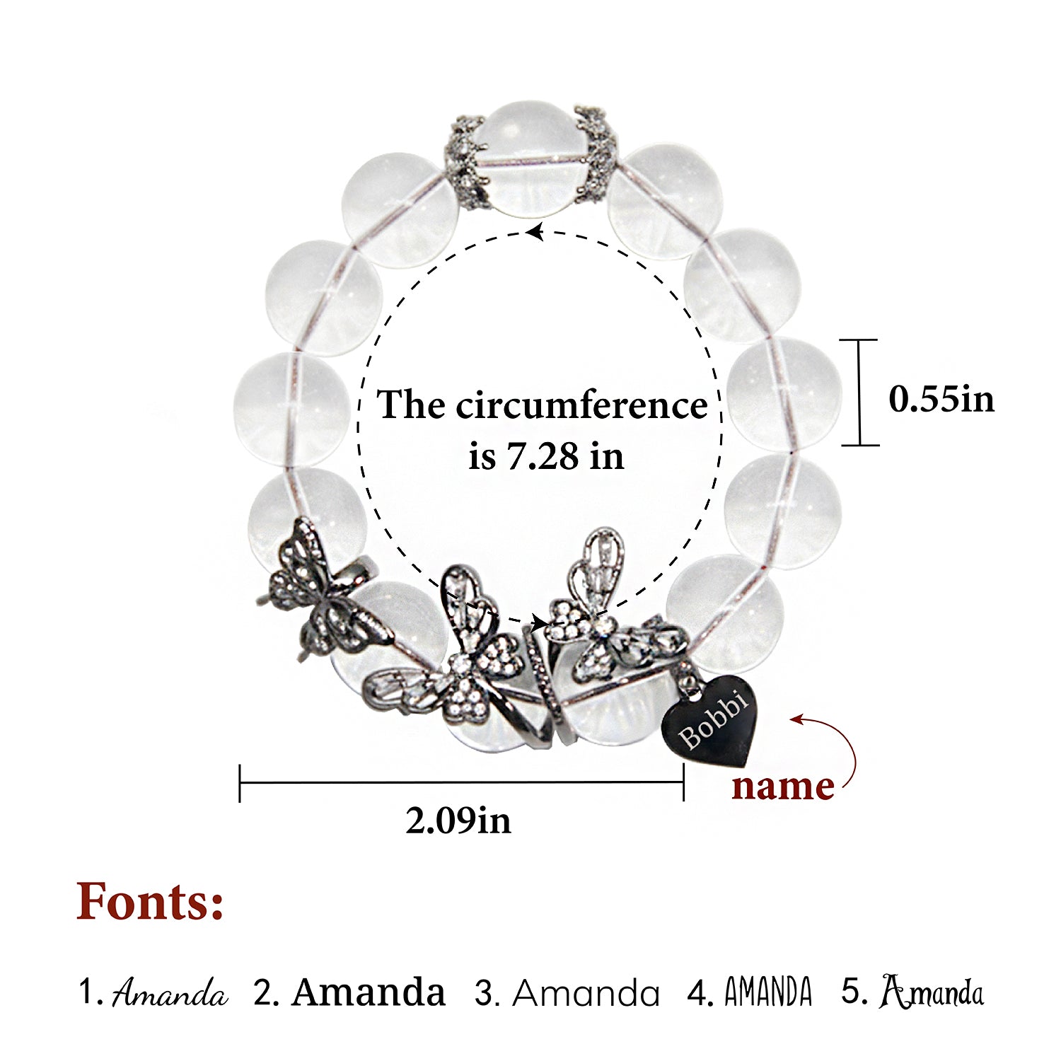 Halloween Gothic Butterfly Custom Name Bracelet – White Crystal Beads & Engraved Gunmetal Butterflies