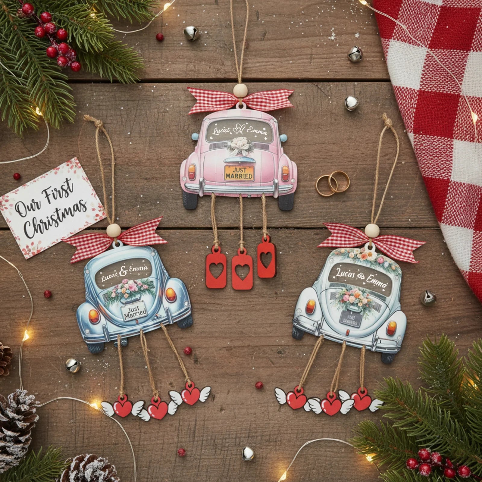 Personalized Just Married 3D Car Ornament | Custom Names & Year