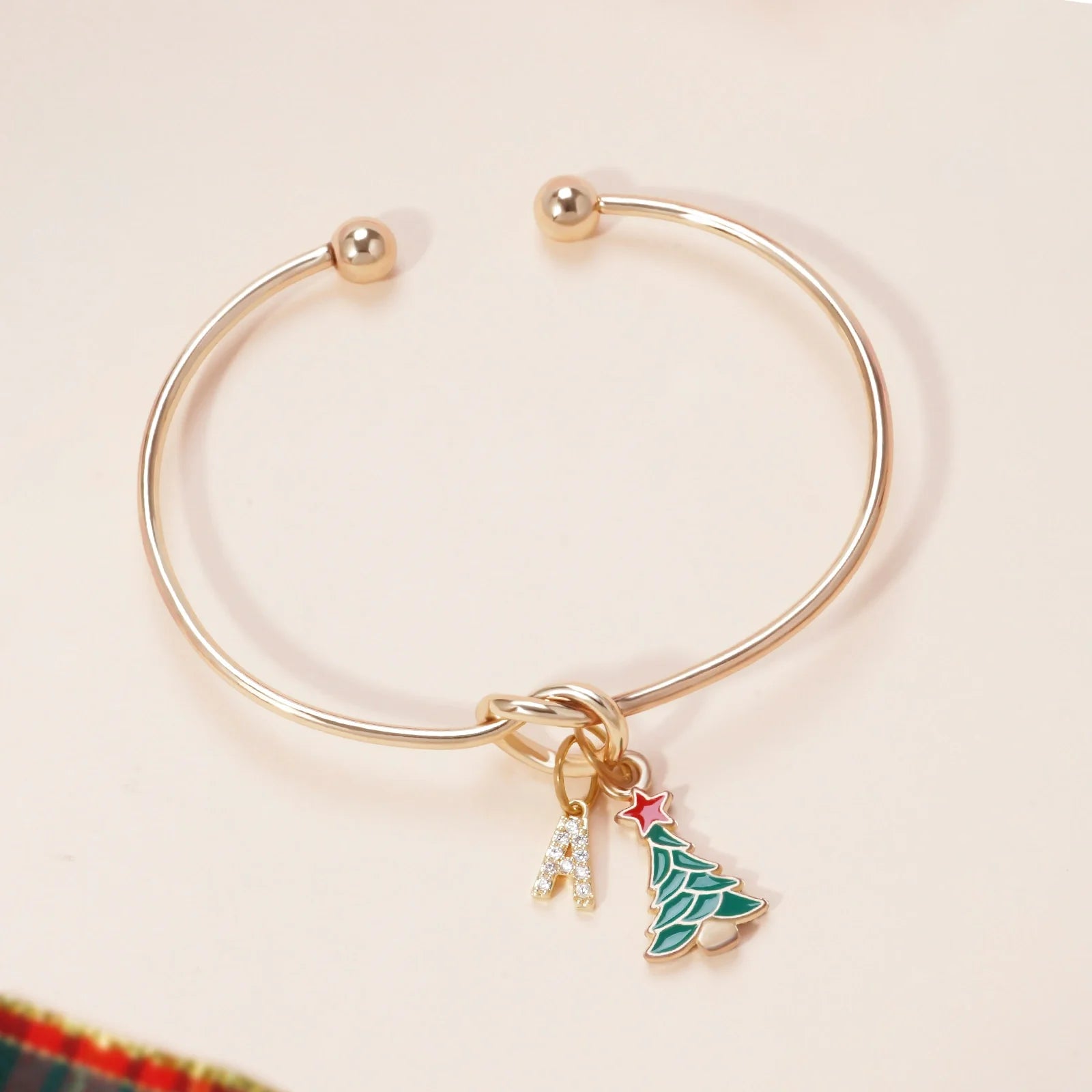 Custom Christmas Tree Bracelet with Rhinestone Letter Charm – Adjustable Holiday Jewelry Gift