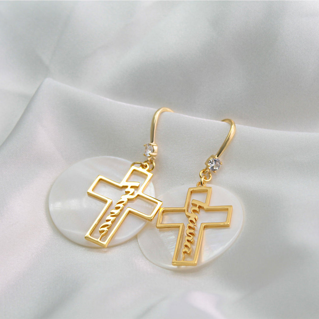 Custom Name Hollow Cross Earrings – Personalized Natural Shell Drop Earrings with Engraved Name | Faith Jewelry Gift for Women