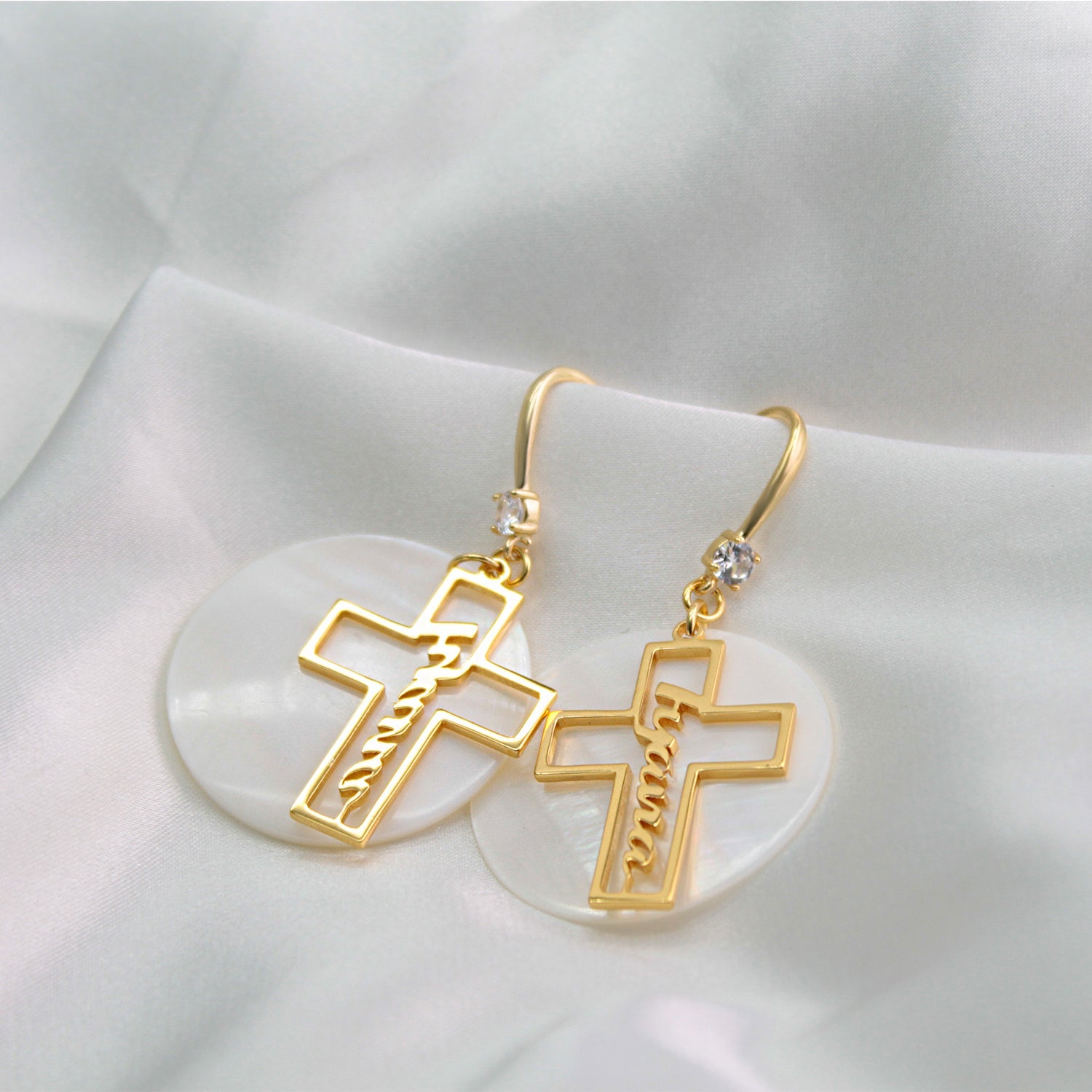 Custom Name Hollow Cross Earrings – Personalized Natural Shell Drop Earrings with Engraved Name | Faith Jewelry Gift for Women