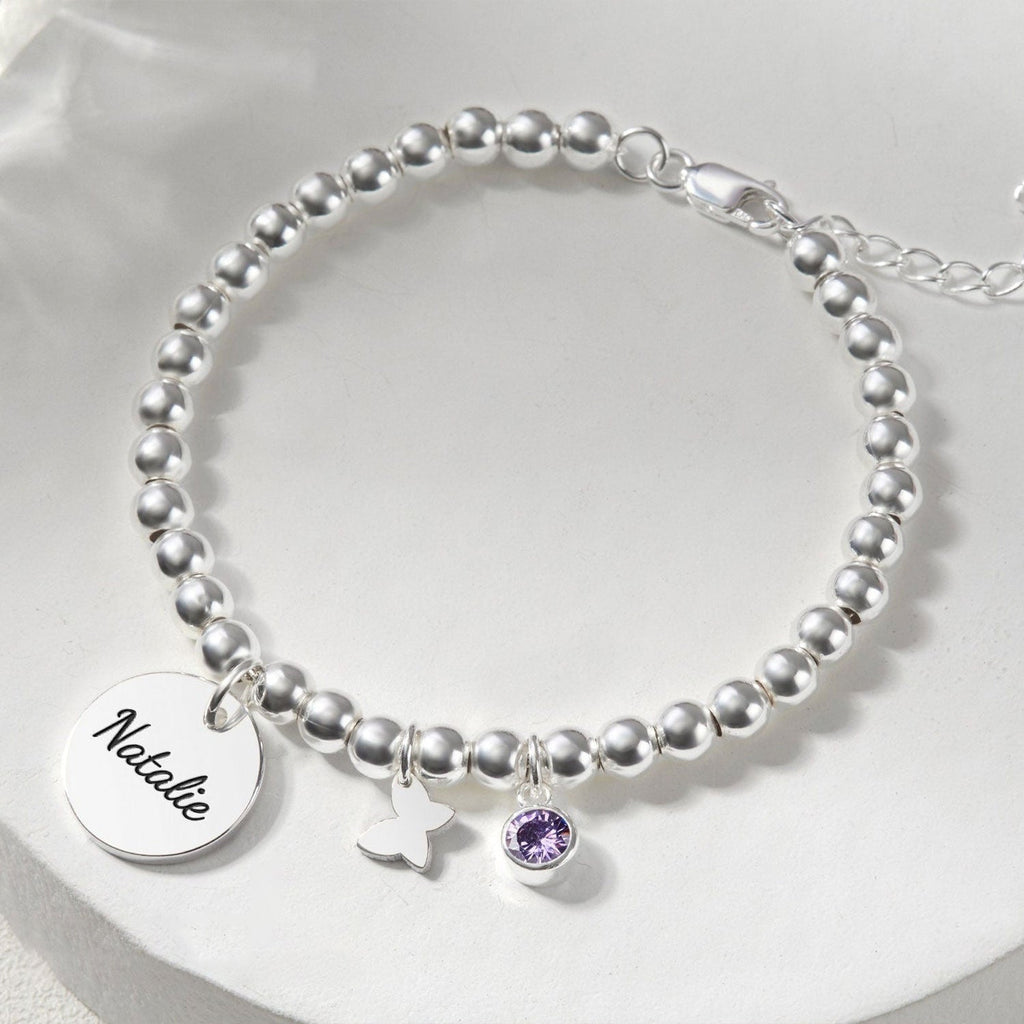 Personalized Round Name Pendant Bracelet with Birthstone – Adjustable Nickel-Free Kids Jewelry