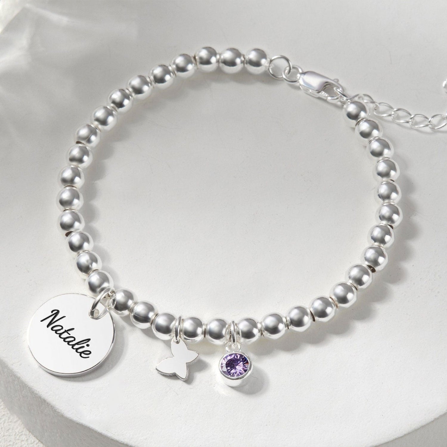 Personalized Round Name Pendant Bracelet with Birthstone – Adjustable Nickel-Free Kids Jewelry