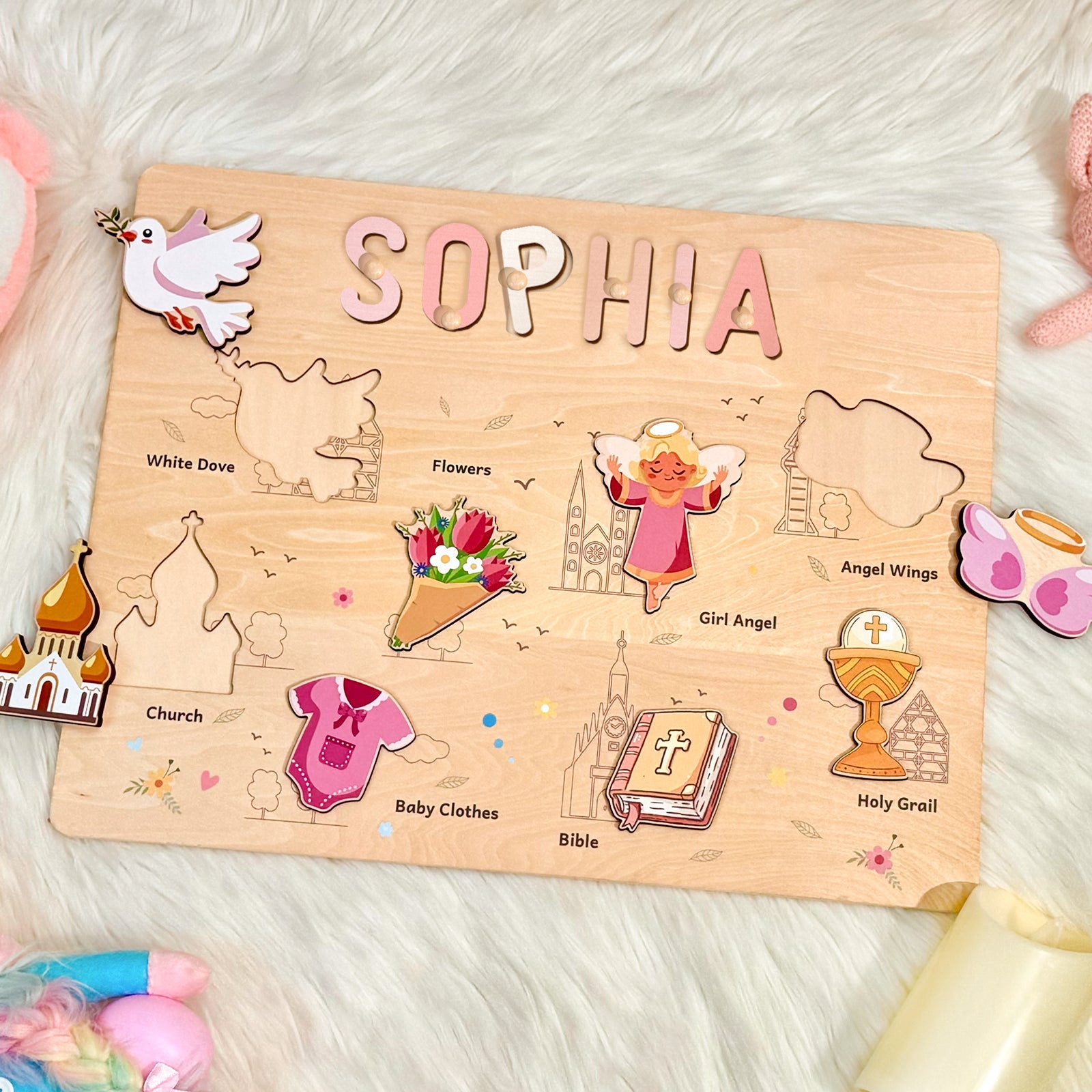 Personalized Baby Girl Christening Wooden Name Puzzle – Custom Baptism Keepsake Gift
