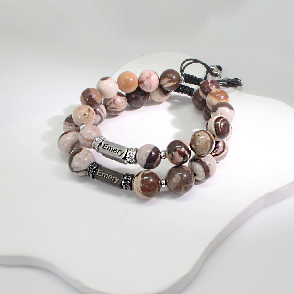 Personalized Name Engraved Natural Stone Bracelet with Zircon | Adjustable Beaded Couple Jewelry Gift for Him & Her