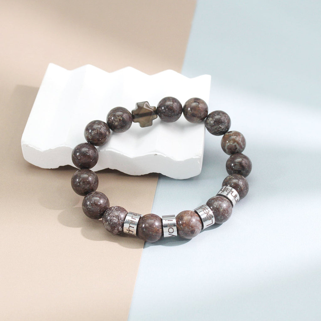 Personalized Natural Mineral Cross Bracelet – Engraved Names Keepsake