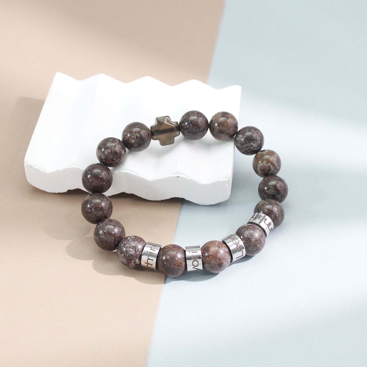 Personalized Natural Mineral Cross Bracelet – Engraved Names Keepsake
