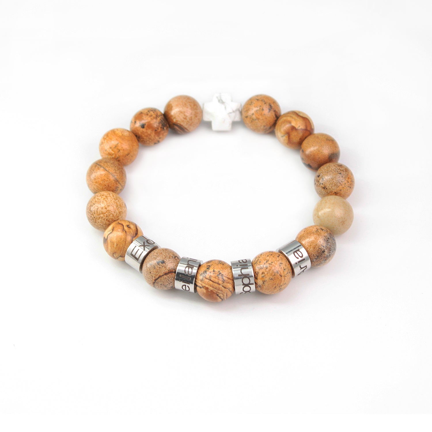 Personalized Natural Mineral Cross Bracelet – Engraved Names Keepsake
