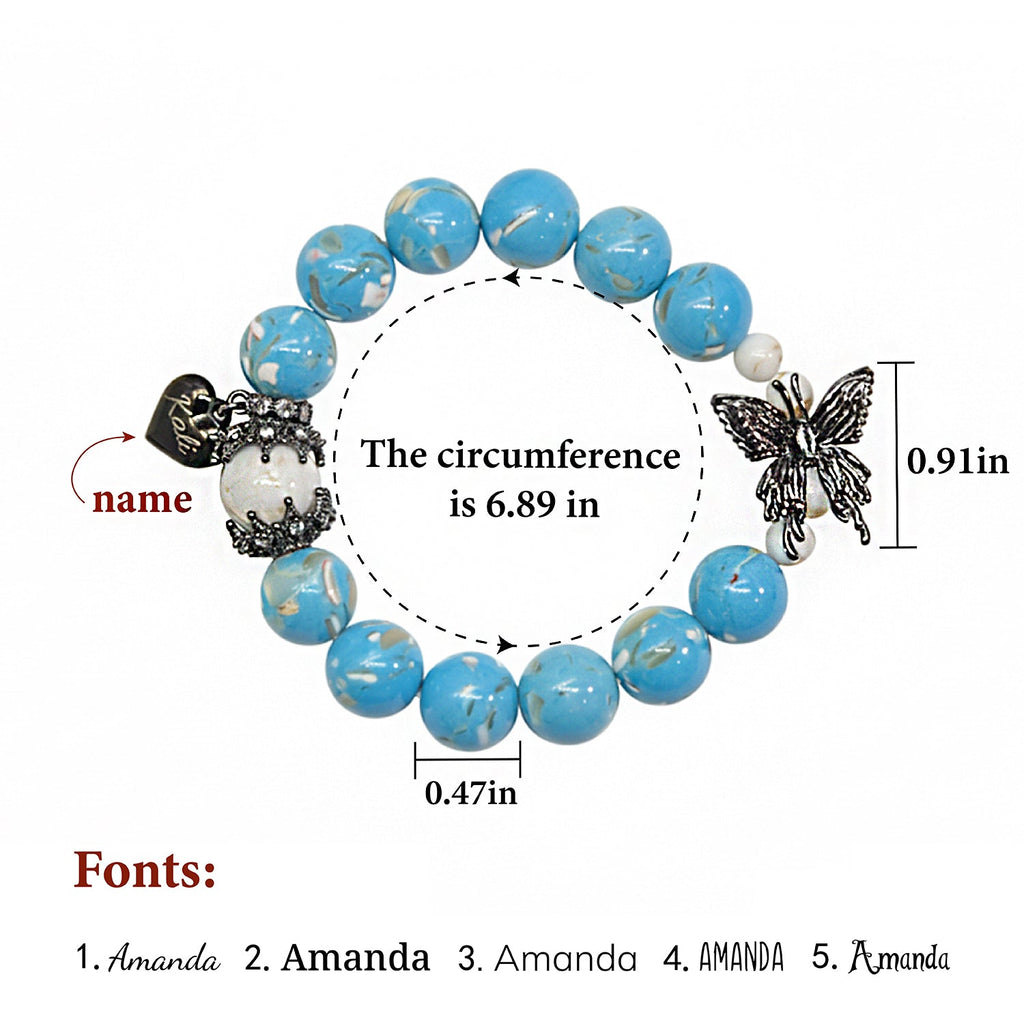 Halloween Gothic Butterfly Custom Name Bracelet – Engraved Blue Shell Beads