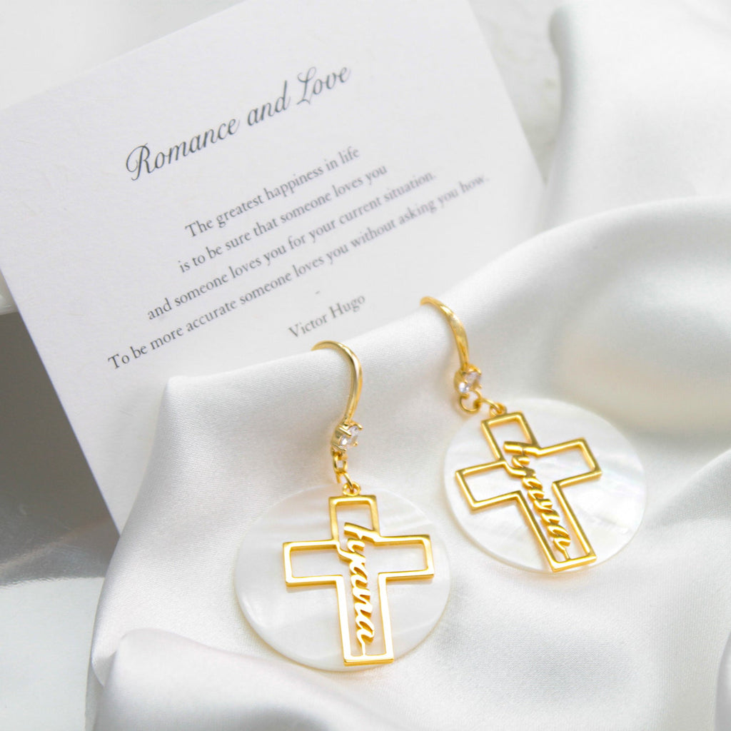 Custom Name Hollow Cross Earrings – Personalized Natural Shell Drop Earrings with Engraved Name | Faith Jewelry Gift for Women