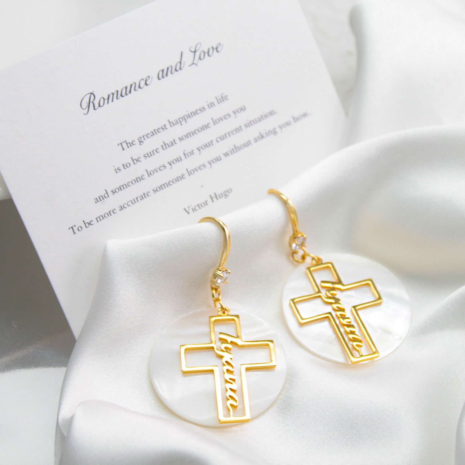 Custom Name Hollow Cross Earrings – Personalized Natural Shell Drop Earrings with Engraved Name | Faith Jewelry Gift for Women