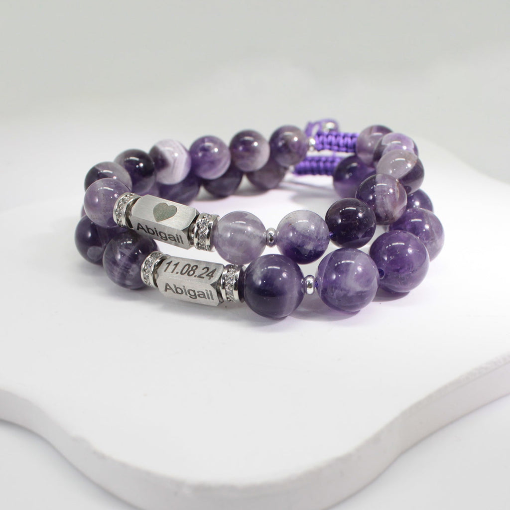 Personalized Name Engraved Natural Stone Bracelet with Zircon | Adjustable Beaded Couple Jewelry Gift for Him & Her