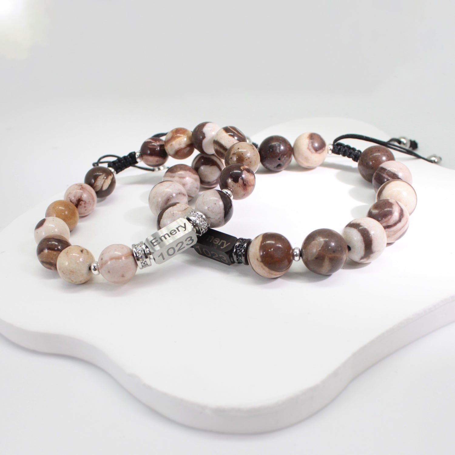 Personalized Name Engraved Natural Stone Bracelet with Zircon | Adjustable Beaded Couple Jewelry Gift for Him & Her