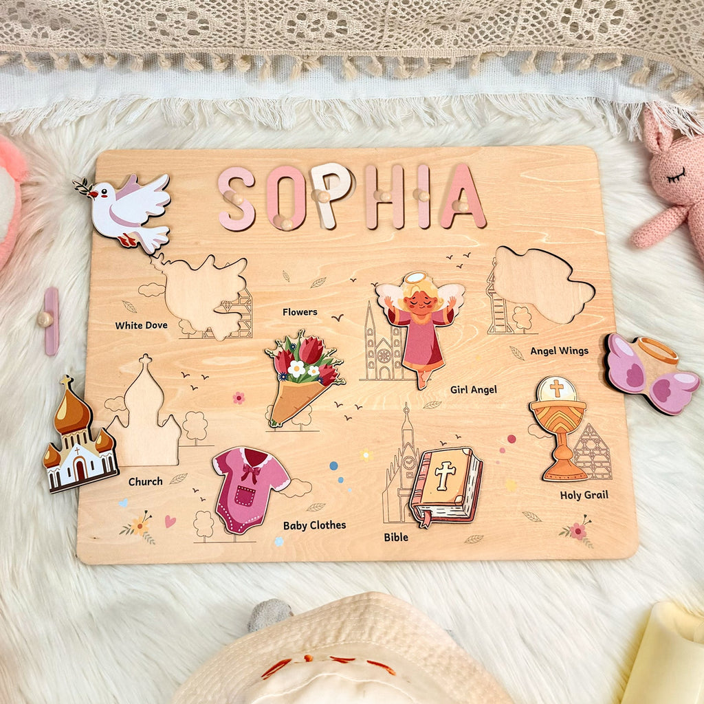 Personalized Baby Girl Christening Wooden Name Puzzle – Custom Baptism Keepsake Gift