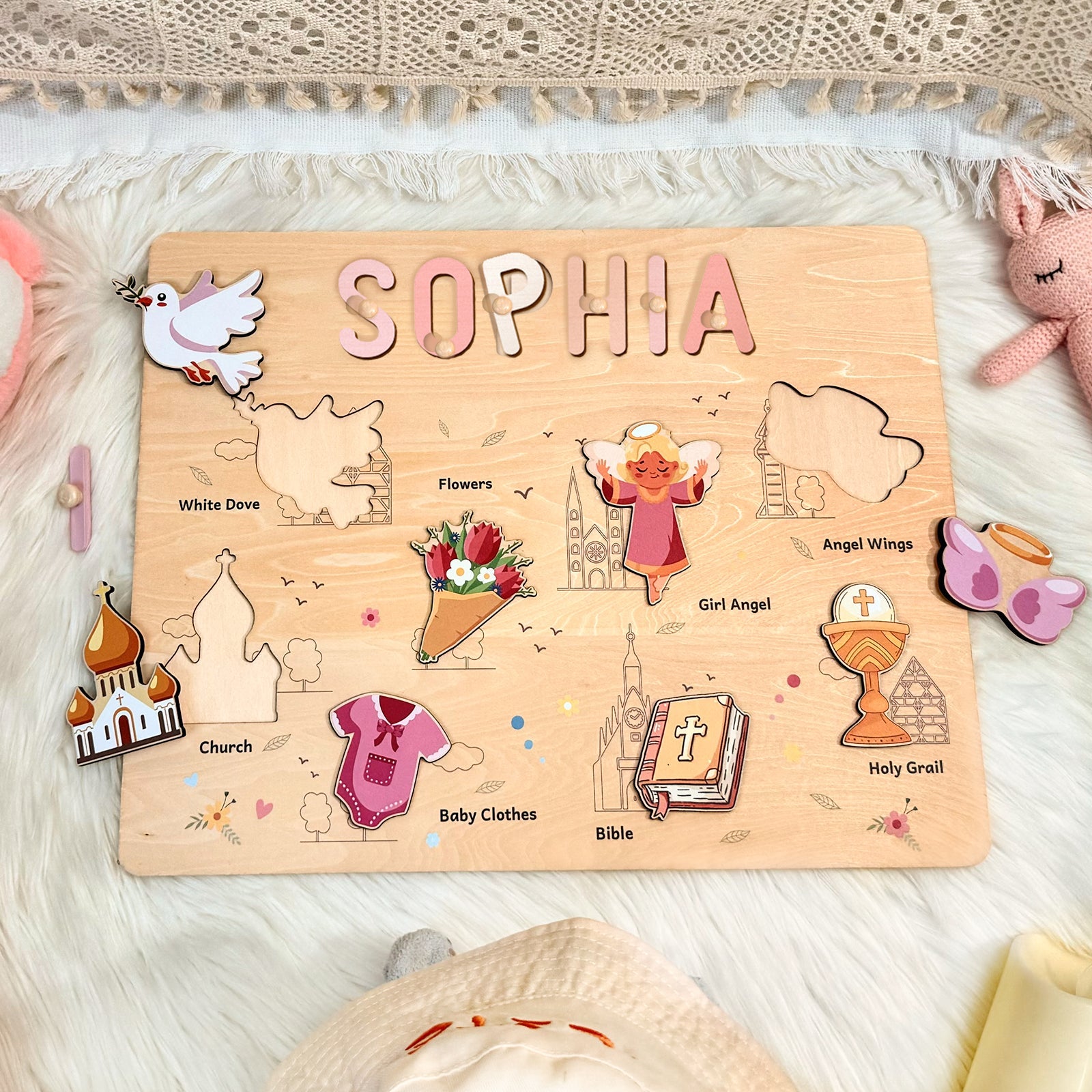Personalized Baby Girl Christening Wooden Name Puzzle – Custom Baptism Keepsake Gift