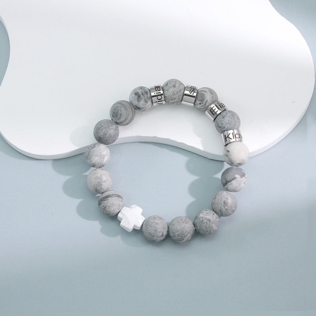 Personalized Natural Mineral Cross Bracelet – Engraved Names Keepsake