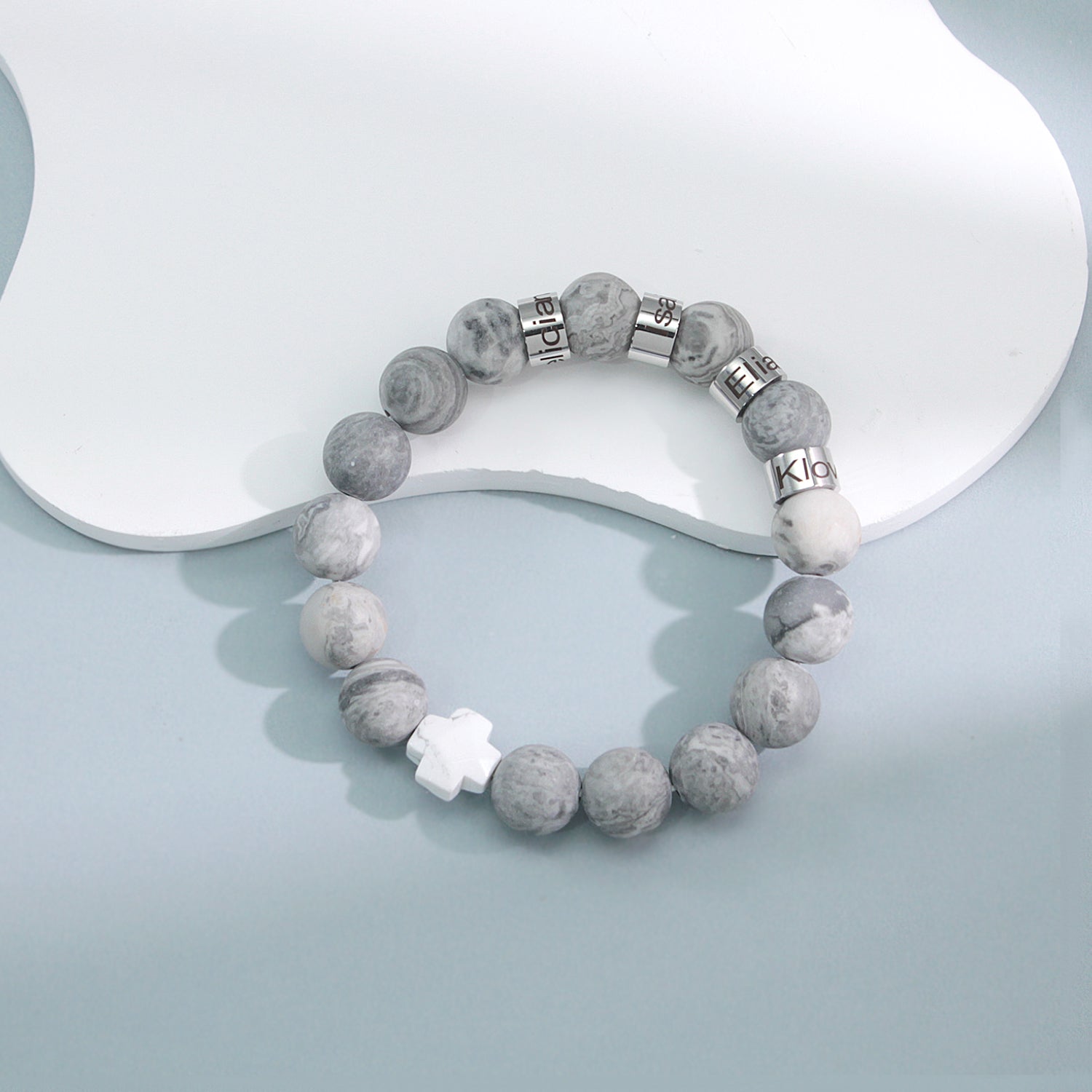 Personalized Natural Mineral Cross Bracelet – Engraved Names Keepsake