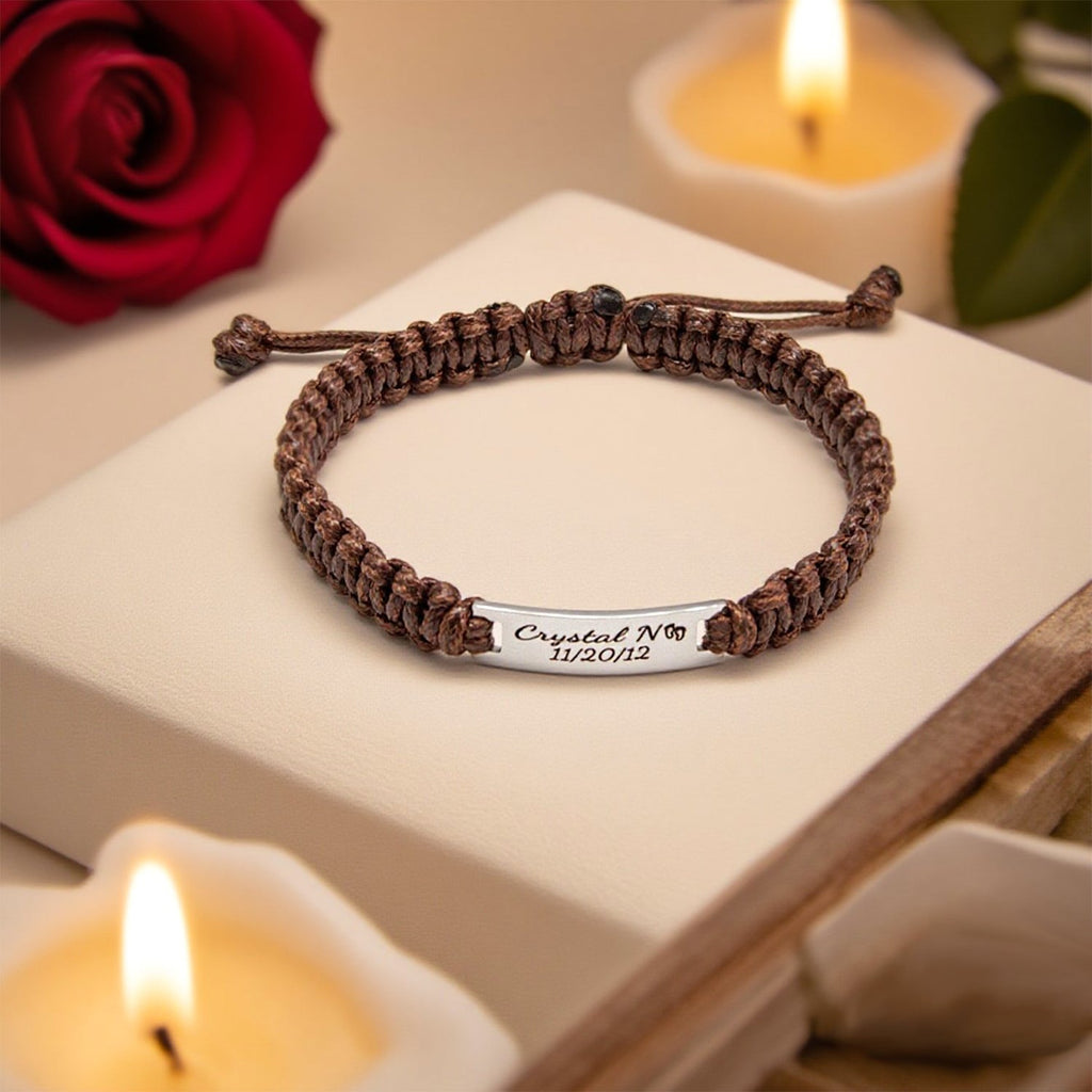Personalized Men’s Leather Braided Bracelet – Engraved Stainless Steel Plate