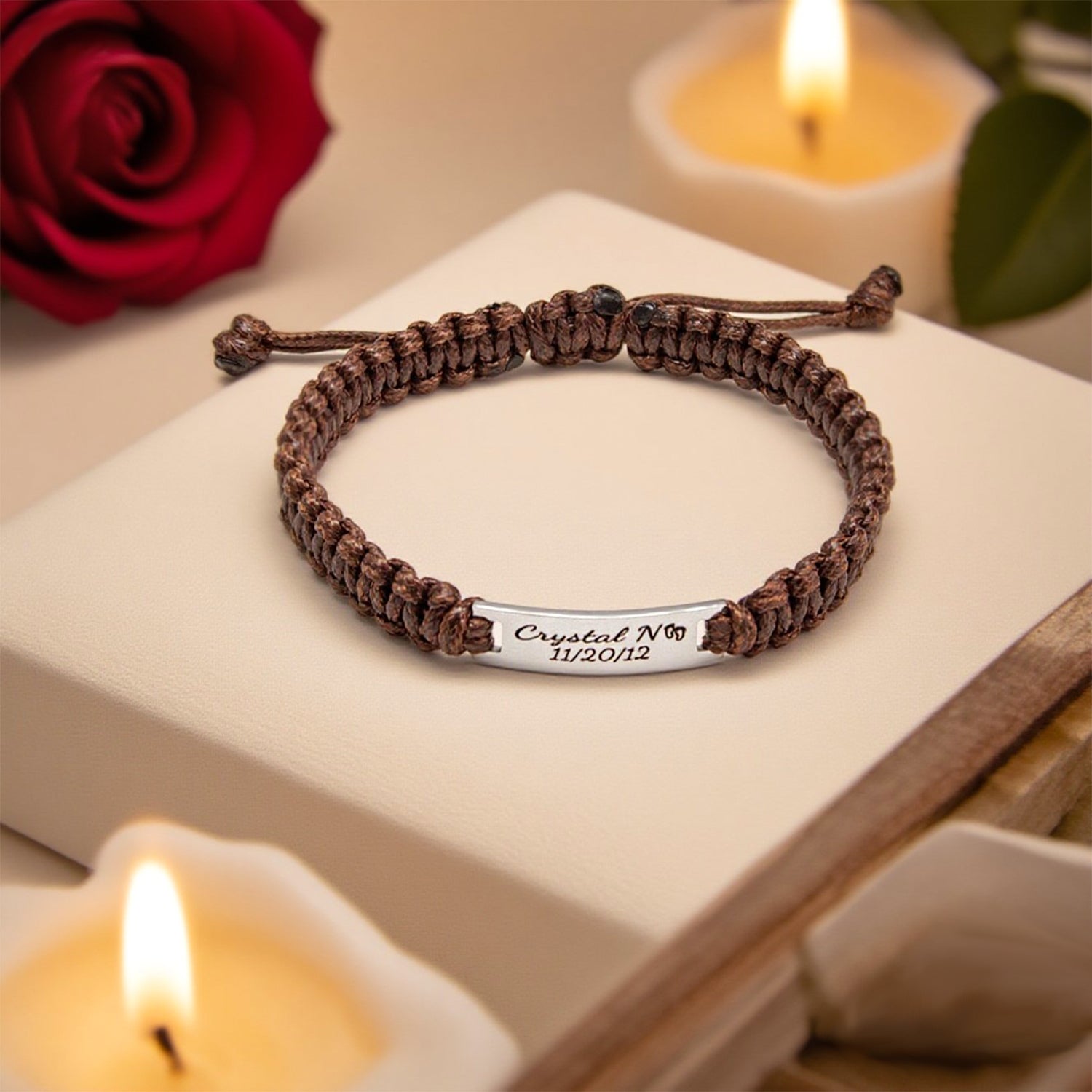Personalized Men’s Leather Braided Bracelet – Engraved Stainless Steel Plate