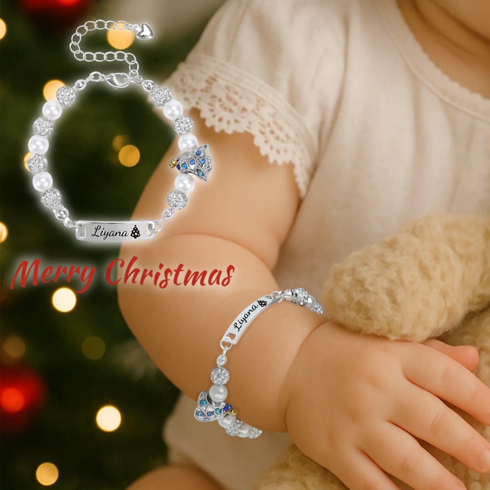 Personalized Christmas Tree Bracelet with Name – Adjustable Pearl & Diamond Holiday Jewelry Gift