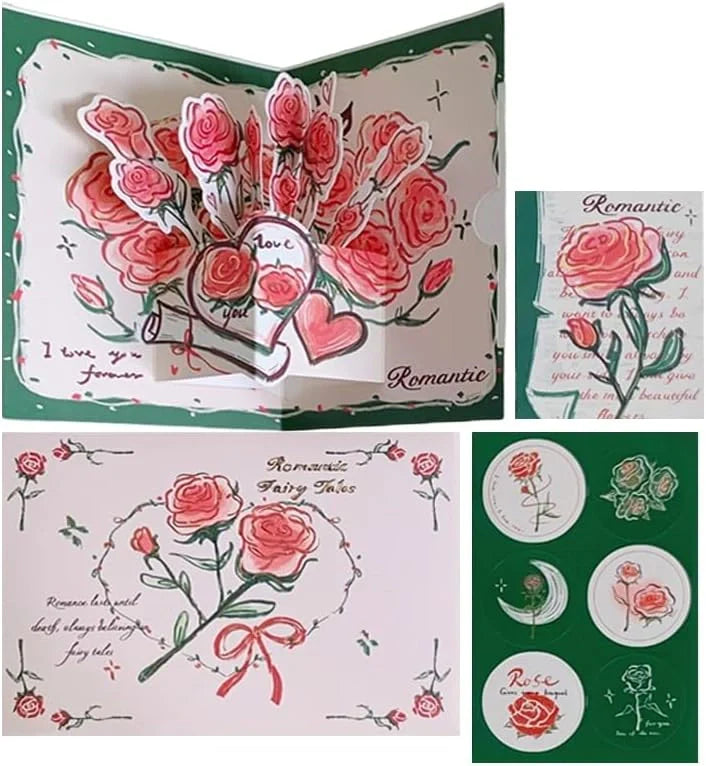 3D Paper Flower Bouquet Pop-Up Card – Pink Rose Greeting Card with Envelope & Seal Stickers