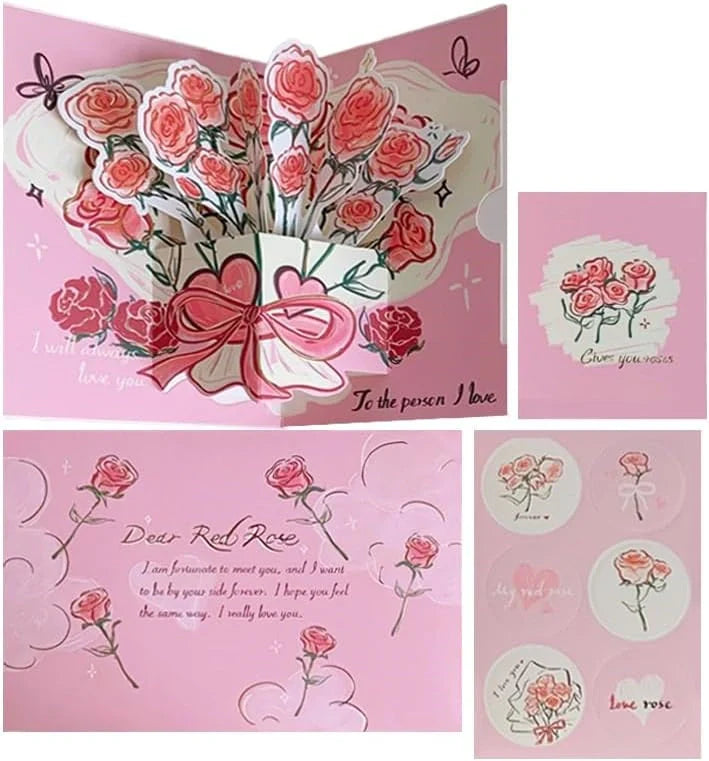 3D Paper Flower Bouquet Pop-Up Card – Pink Rose Greeting Card with Envelope & Seal Stickers
