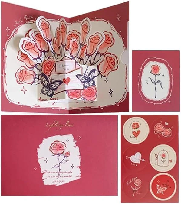 3D Paper Flower Bouquet Pop-Up Card – Pink Rose Greeting Card with Envelope & Seal Stickers