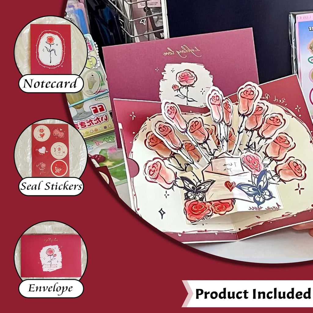 3D Paper Flower Bouquet Pop-Up Card – Pink Rose Greeting Card with Envelope & Seal Stickers