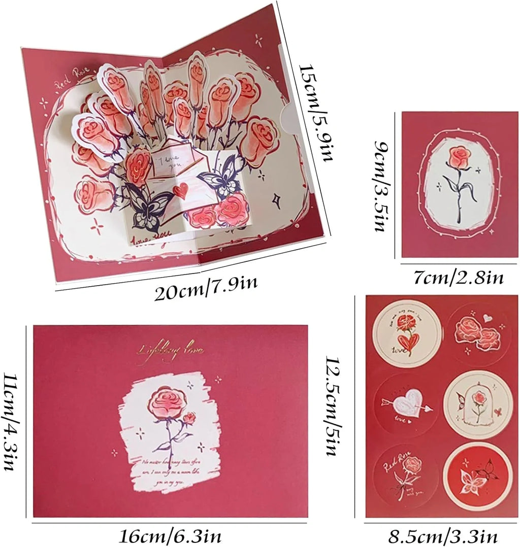 3D Paper Flower Bouquet Pop-Up Card – Pink Rose Greeting Card with Envelope & Seal Stickers