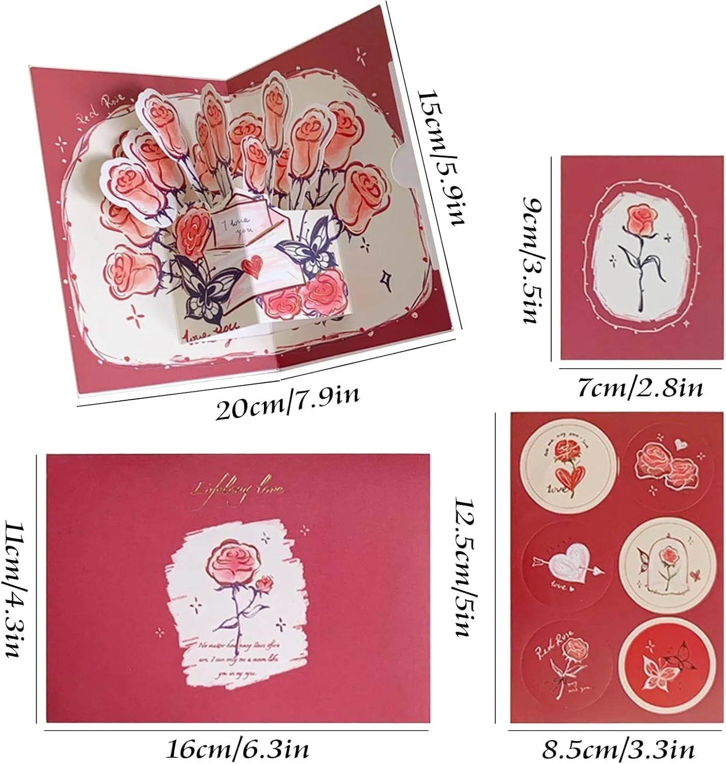 3D Paper Flower Bouquet Pop-Up Card – Pink Rose Greeting Card with Envelope & Seal Stickers