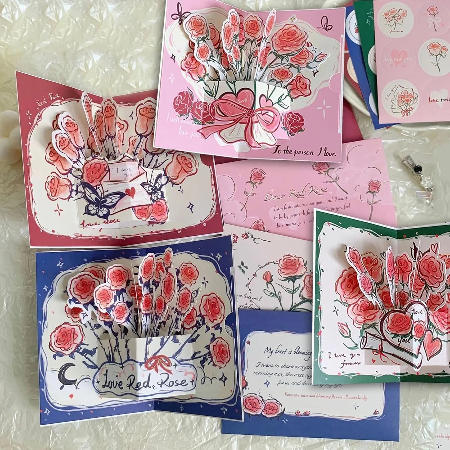 3D Paper Flower Bouquet Pop-Up Card – Pink Rose Greeting Card with Envelope & Seal Stickers