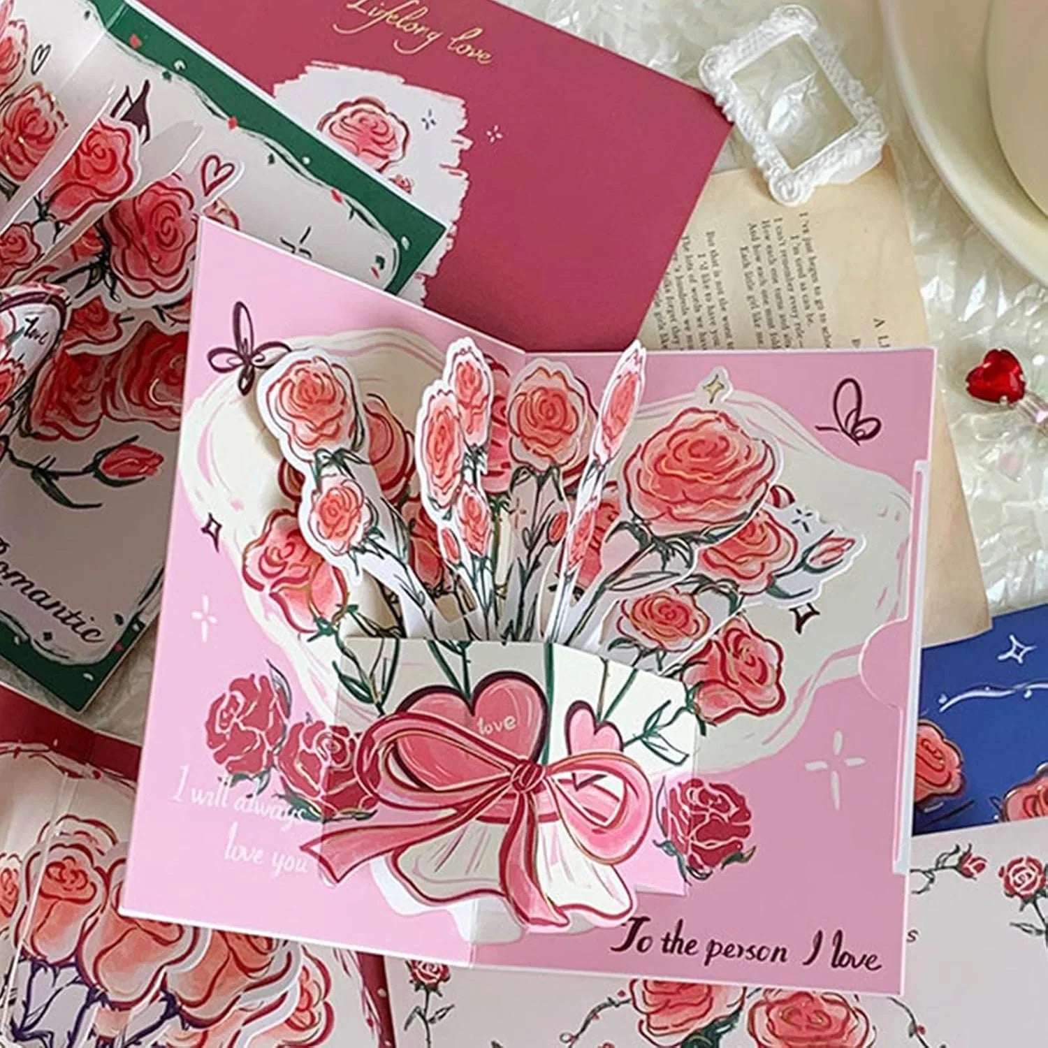 3D Paper Flower Bouquet Pop-Up Card – Pink Rose Greeting Card with Envelope & Seal Stickers