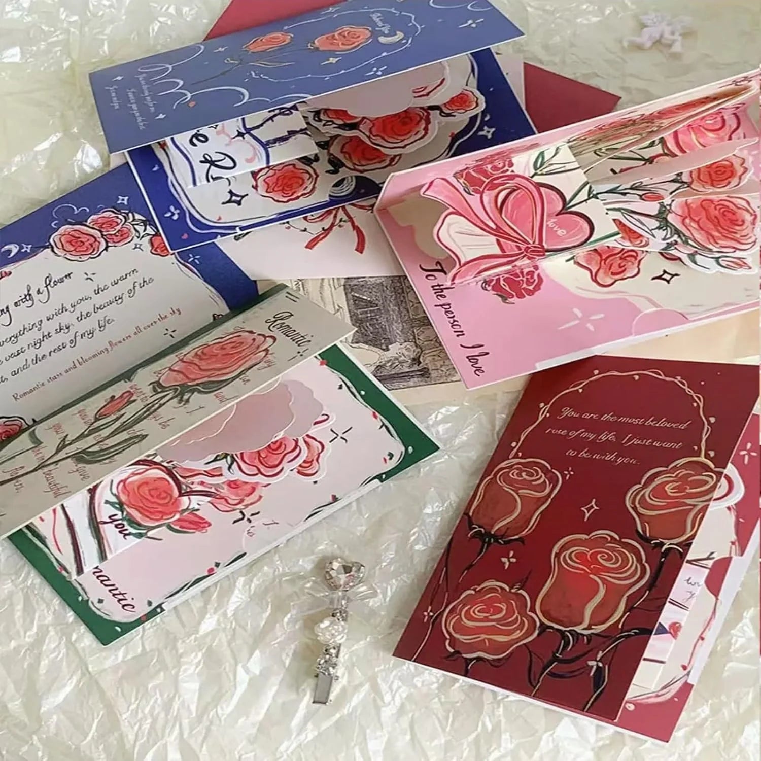 3D Paper Flower Bouquet Pop-Up Card – Pink Rose Greeting Card with Envelope & Seal Stickers